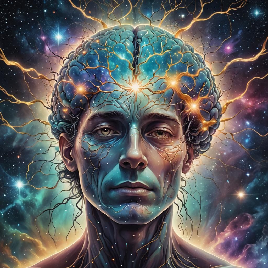 Visionary Cosmic Brain Illustration with Celestial Neurons