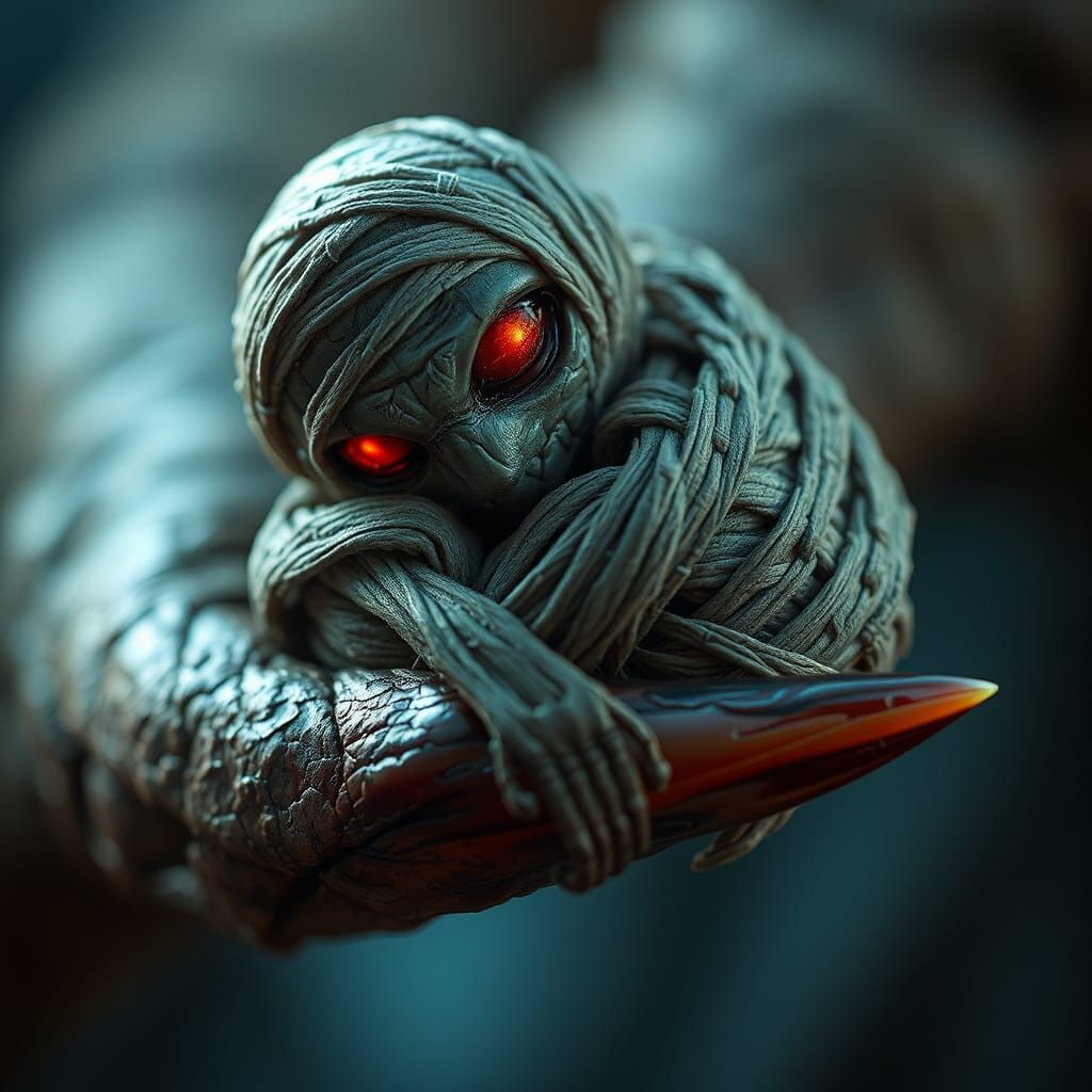Mummy Cradled on Monster Claw in Photorealistic Style