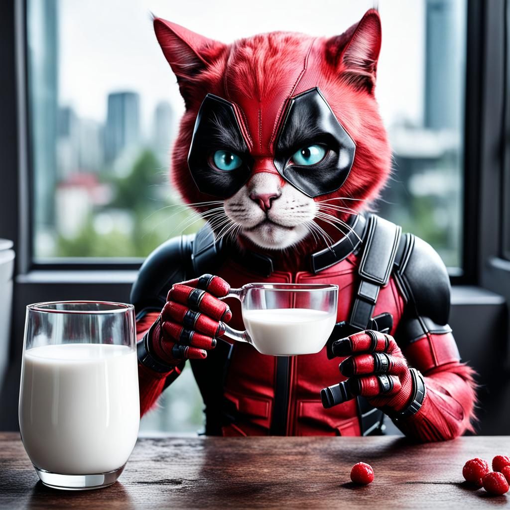 Deadpool Cat Humanoid Drinking Milk