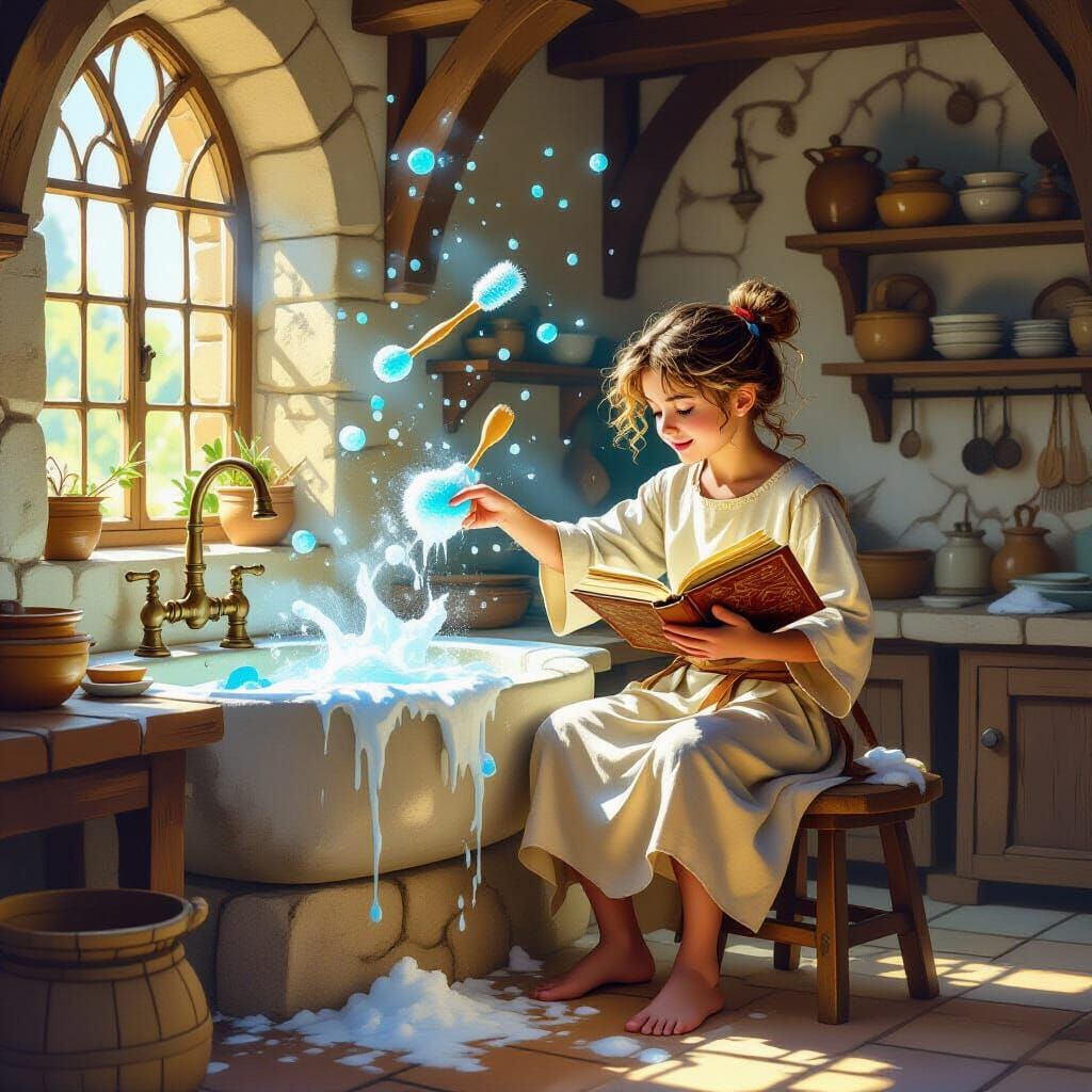 Whimsical Apprentice Levitates Dishes with Magic in Castle K...