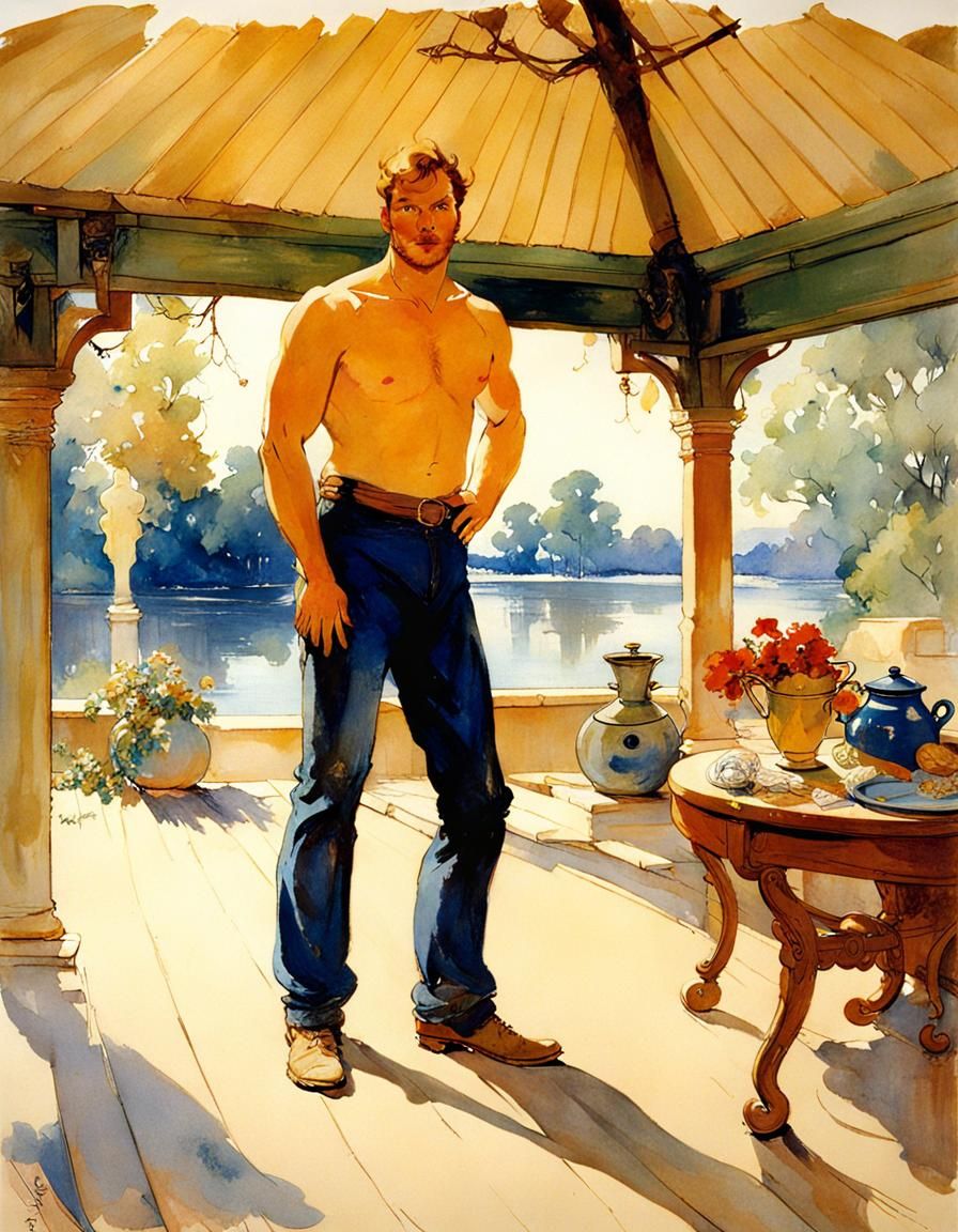 Portrait on Lake House Patio, in Watercolor Style
