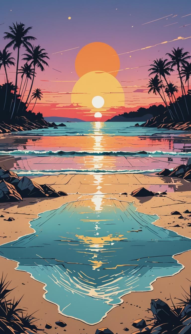 Dusk Beach Scene in Pop Art Style
