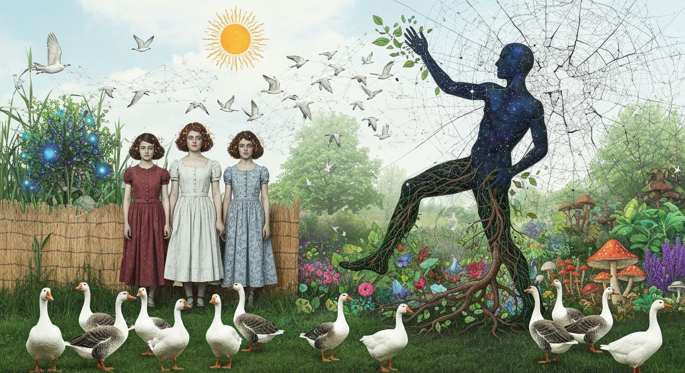 Folkloric Robot with Twins in Surreal Eco-Art Garden