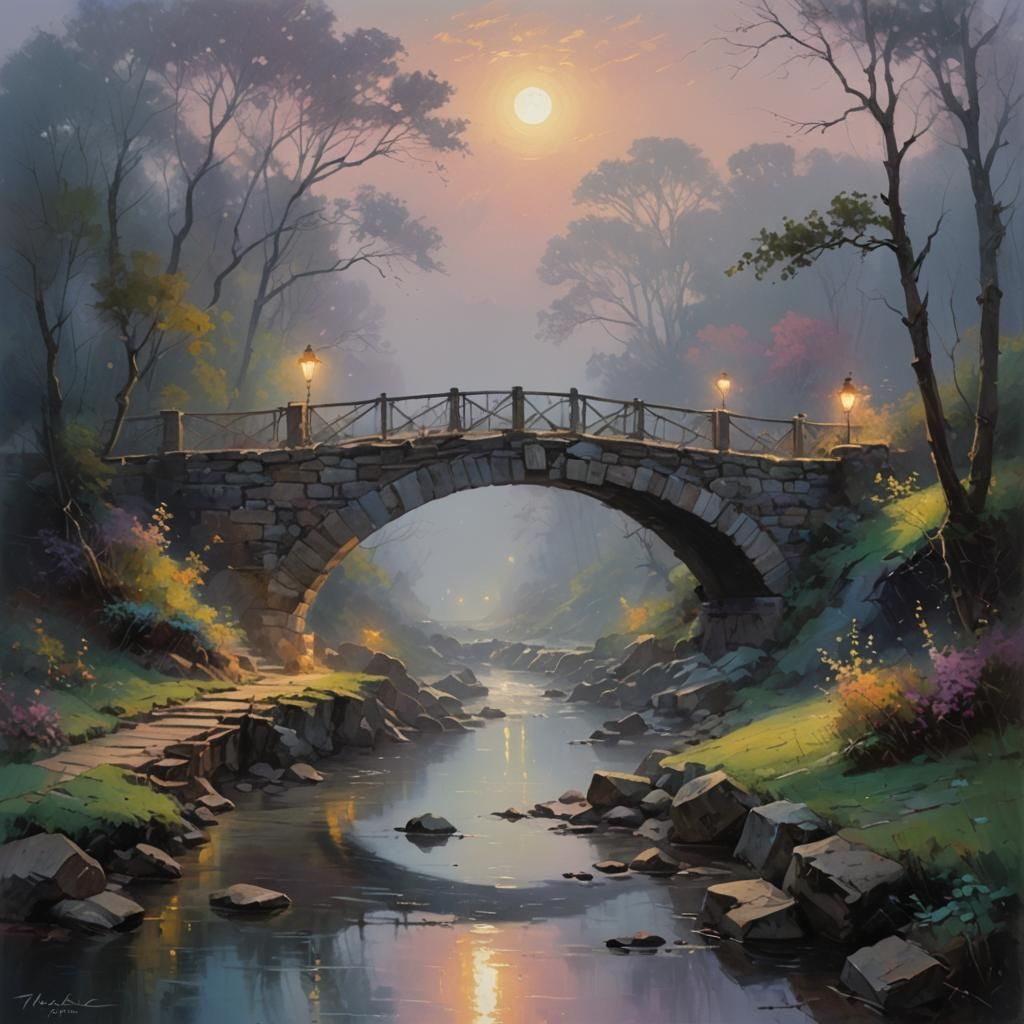 Moonlit Bridge in Mist: Romantic Pastel Colors