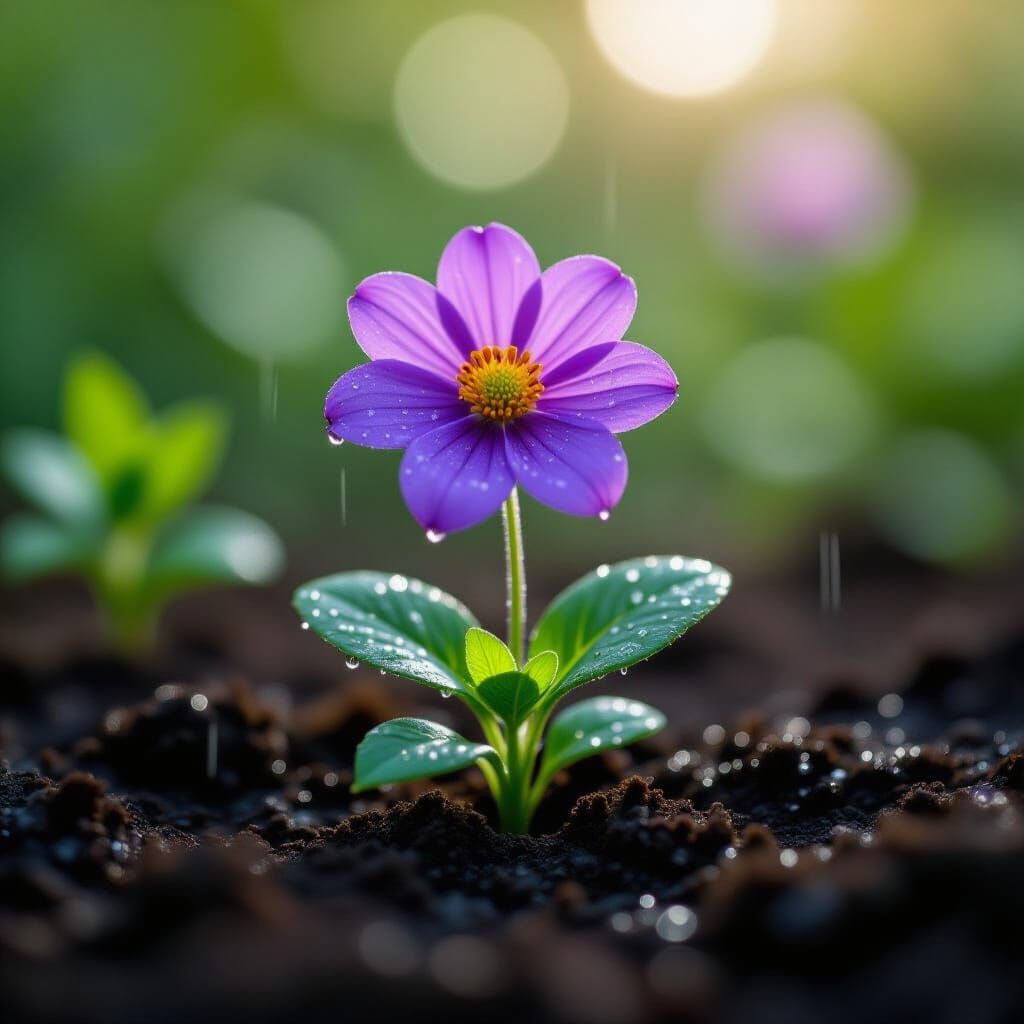 Vibrant Purple Flower in Dewy Botanical Garden