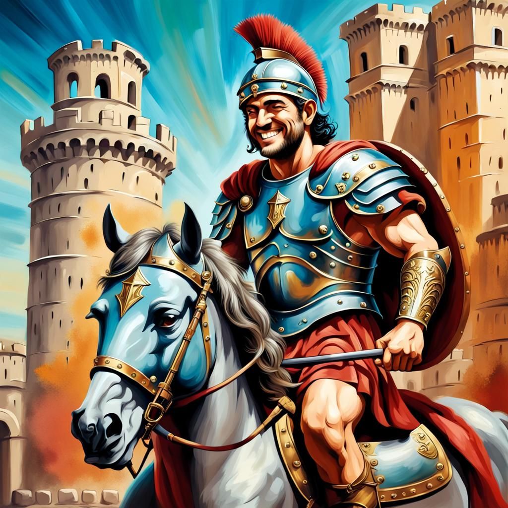 Smiling Roman Emperor on Horseback: Airbrush Illustration