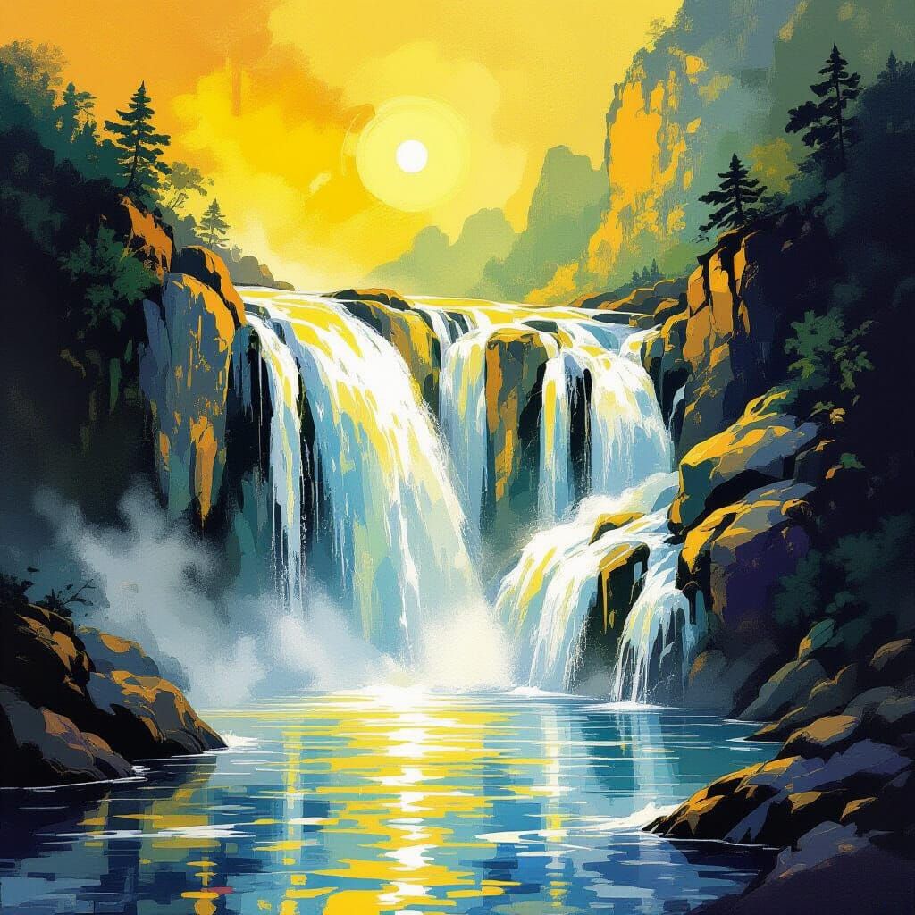 Yellow Waterfall Over Silver Rocks in Digital Painting Style