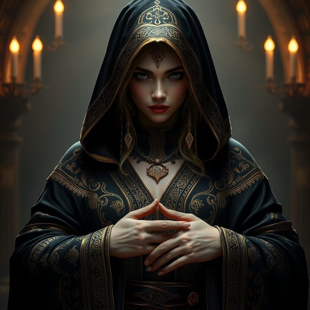 Mysterious Woman in Opulent Black and Gold Robes