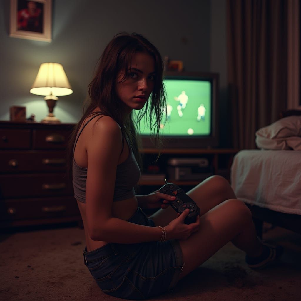 Angsty Teenager Plays PES on Old TV in Dimly Lit Bedroom