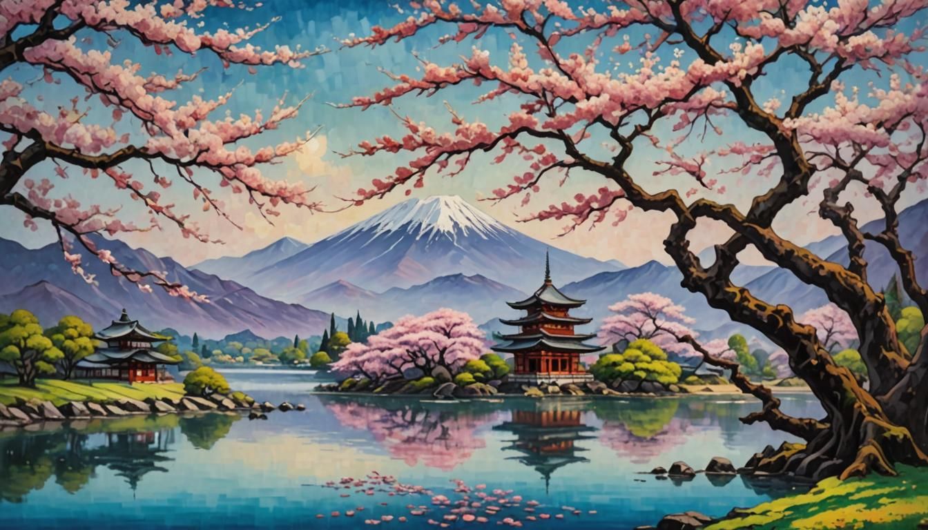 Sakura Tree by Lake: Expressionist Oil Painting
