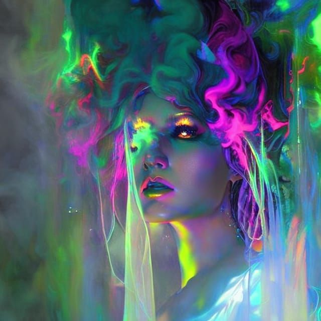 Eerie Ghost Portrait in Neon Garden, Oil on Canvas