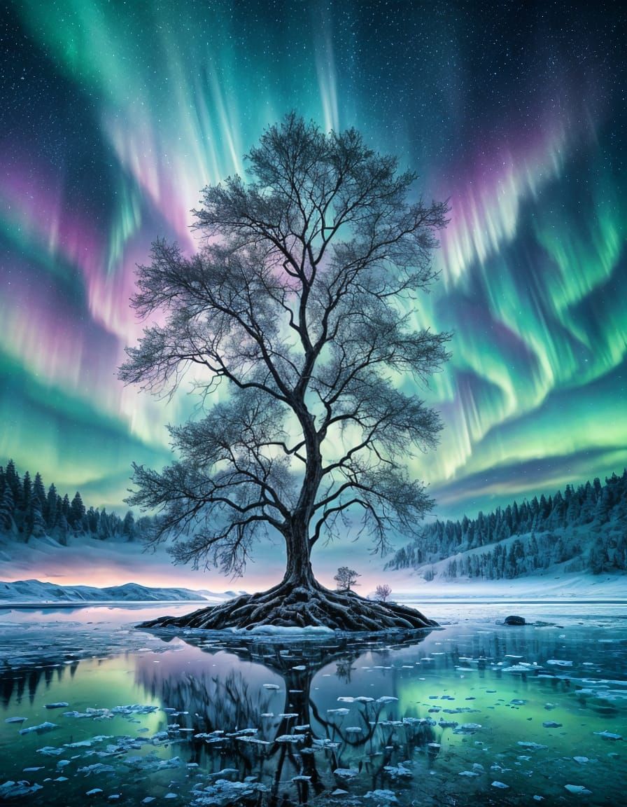 Frozen Tree on Island with Aurora Ice