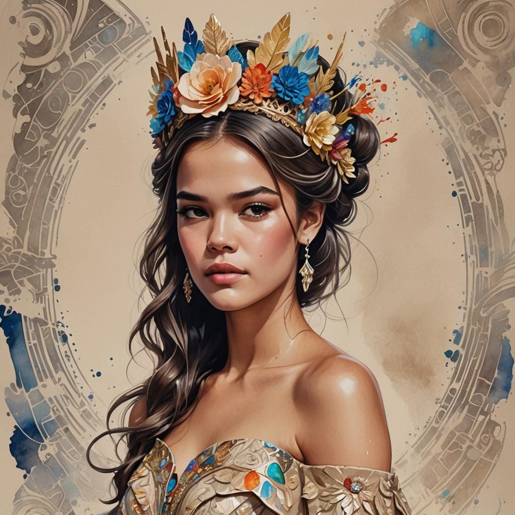 Watercolor Portrait with Holographic Futuristic Elements