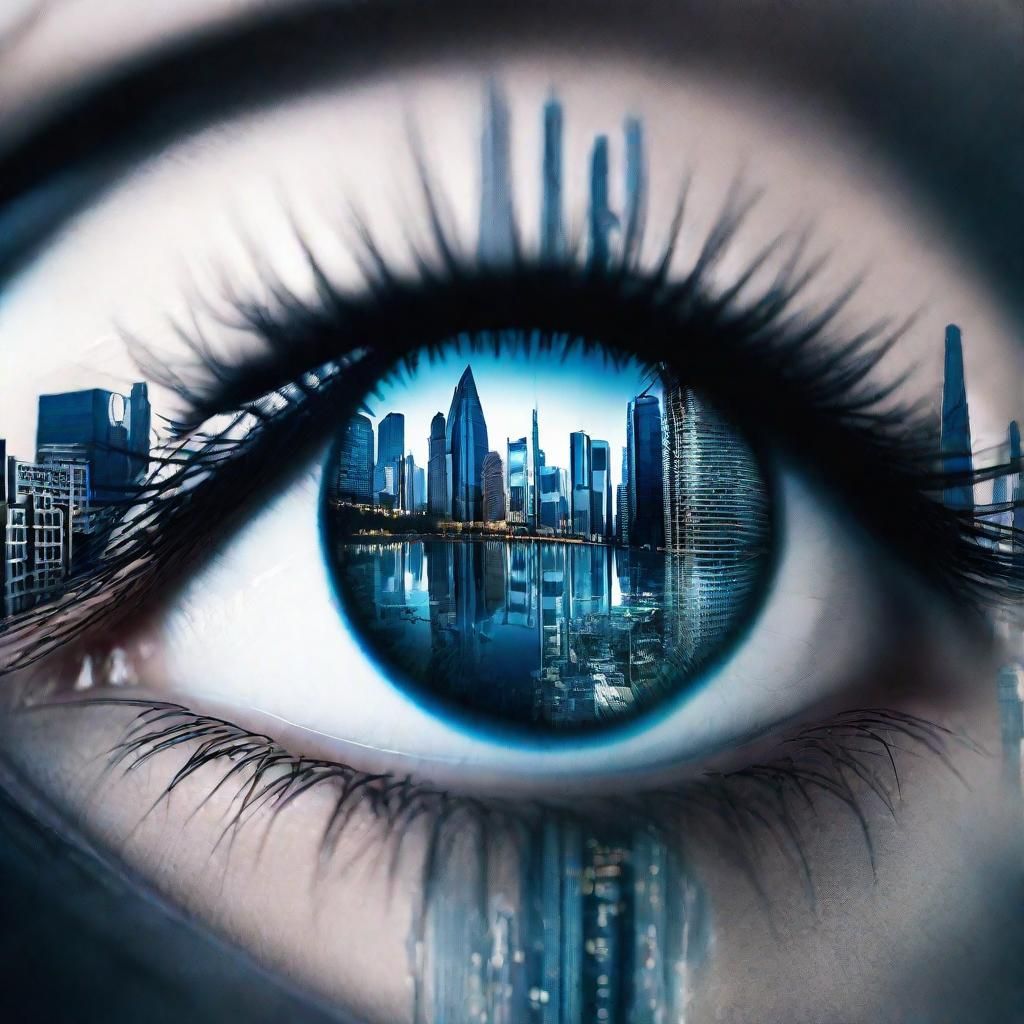 Eye Reflecting a Futuristic Cityscape