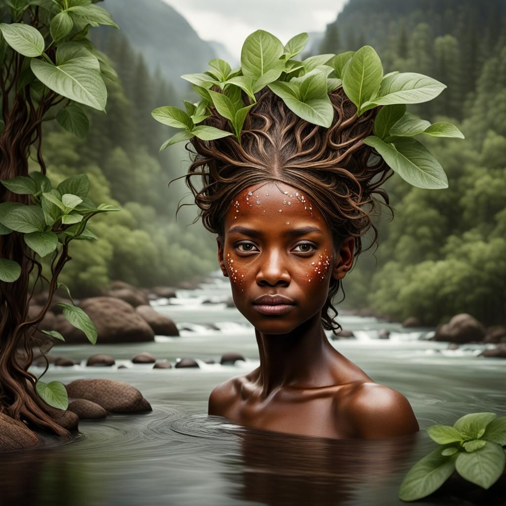 Hyperrealistic Plant Humanoid Portrait with River Hair