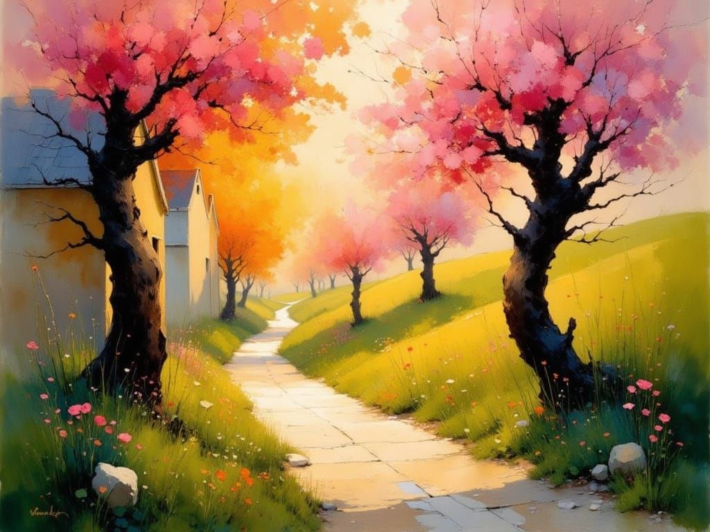 Ethereal Cherry Blossom Avenue in Soft Golden Light
