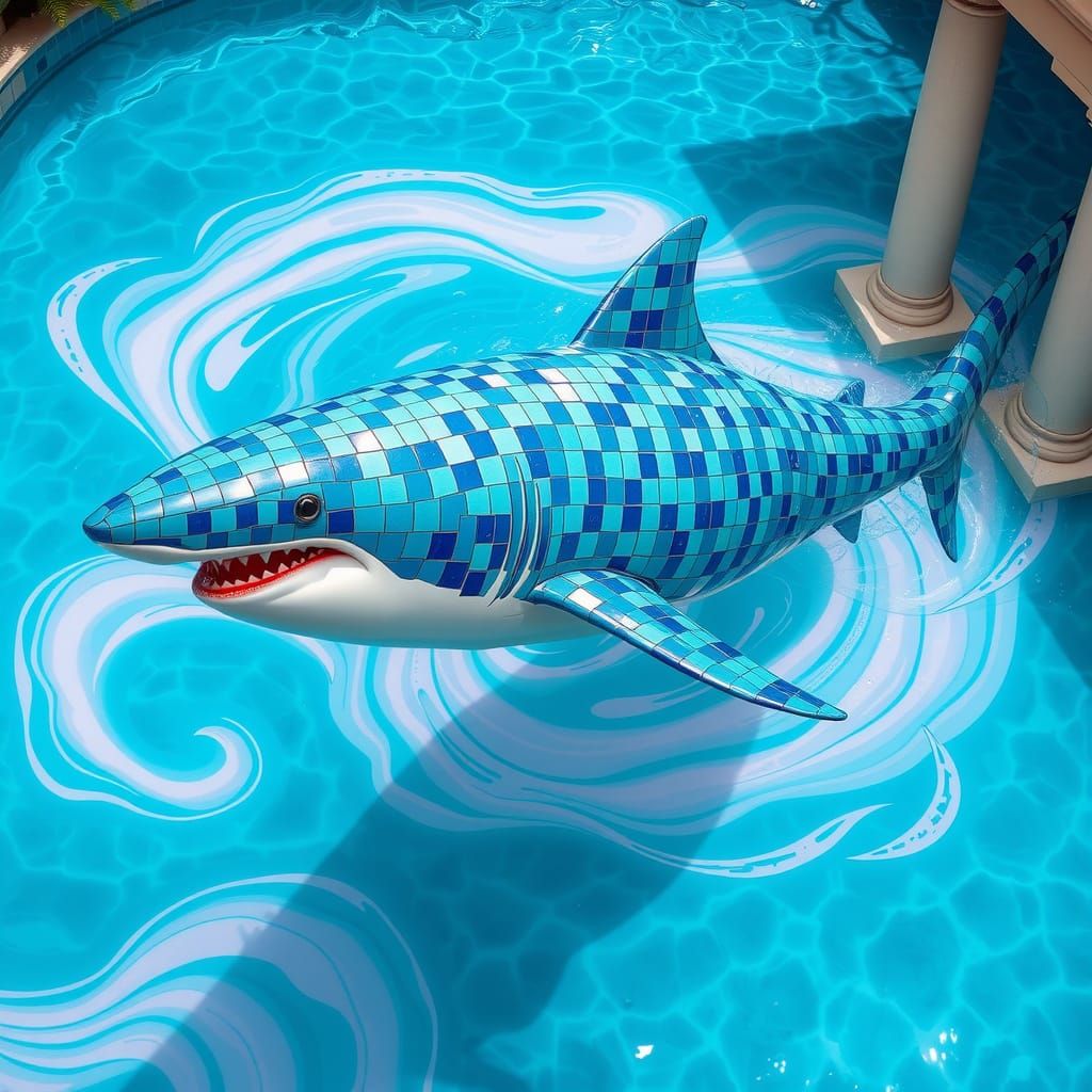 Ceramic Shark Glides Through Surreal Pool