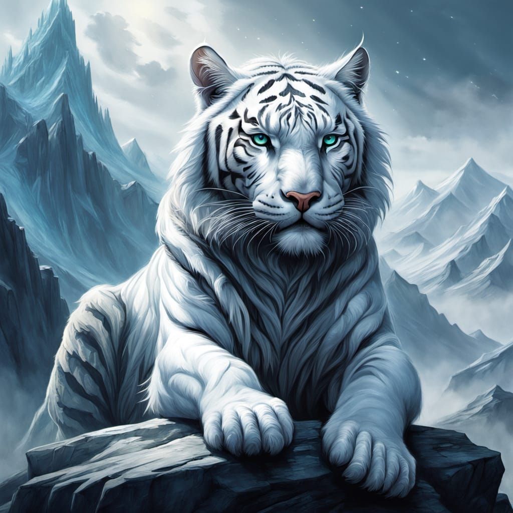 Majestic Tiger-Dragon Hybrid on Ancient Mountain Peak