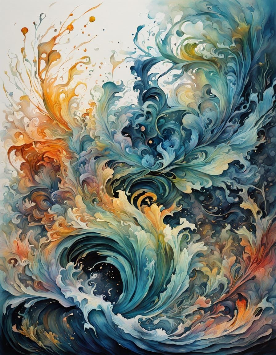 Art Nouveau Watercolor Masterpiece with Fluid Ink Flow