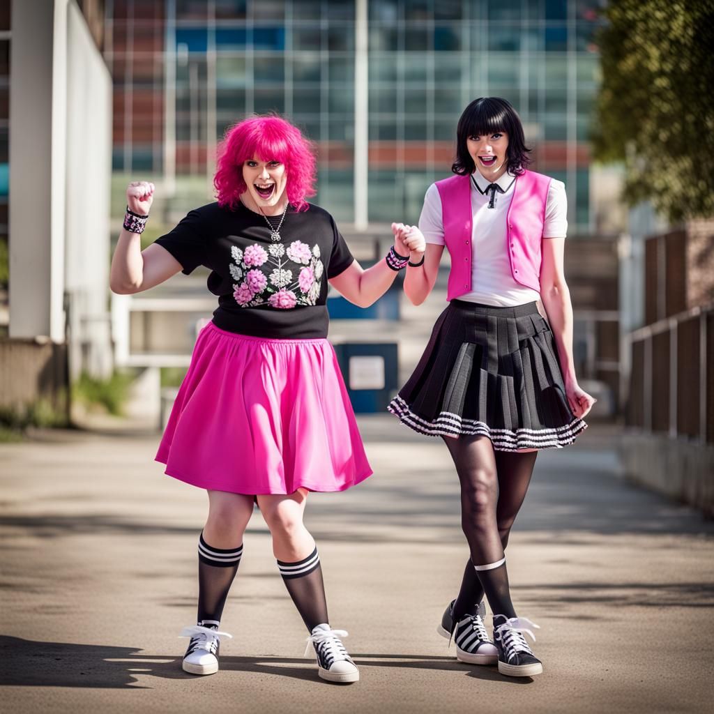 Cross-Dressers Dancing in Punk Schoolgirl Outfits