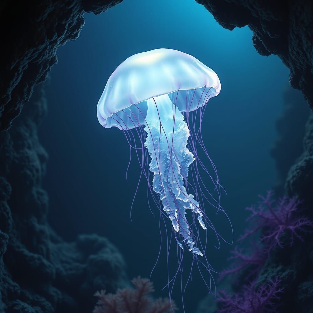 Bioluminescent Jellyfish Drifting in Underwater Grotto
