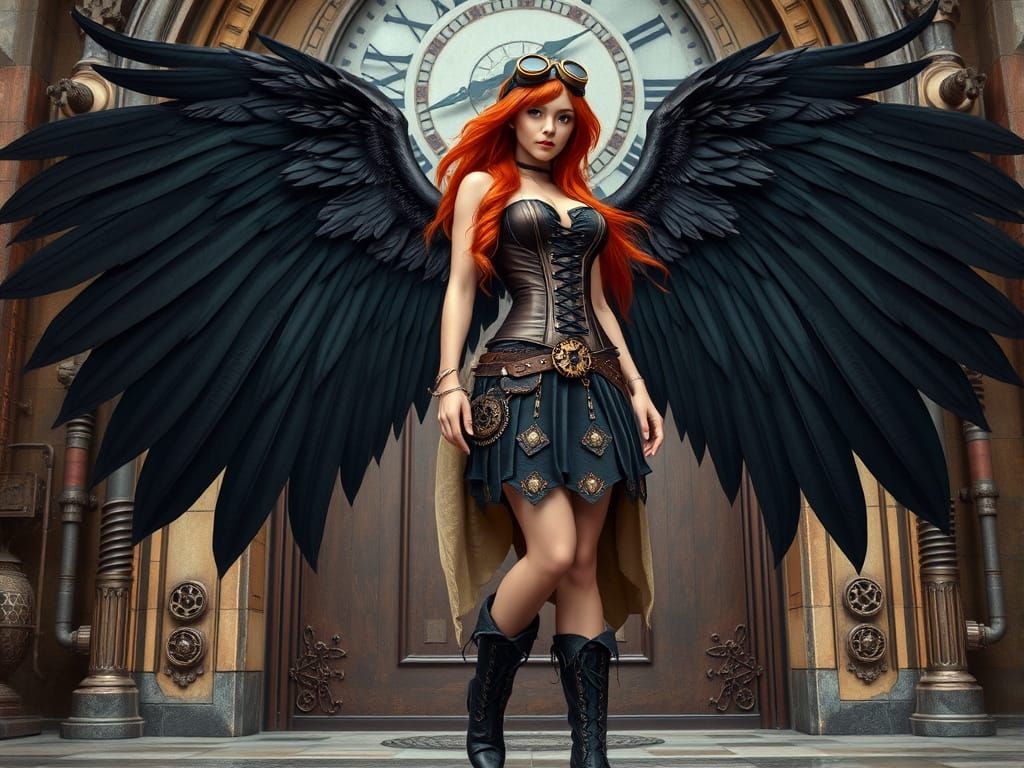 Steampunk Angel Before Industrial Clockwork Gate
