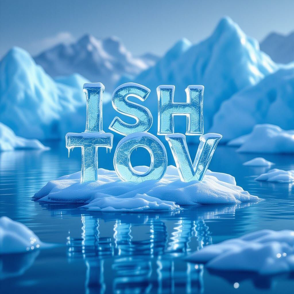 Icebergs Sculpted with "Ish Tov" in Cool Blue Light