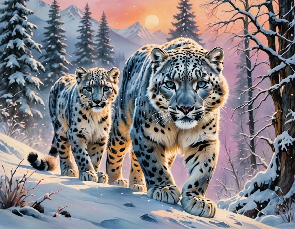 Snow Leopard Family in Winter Wonderland: Watercolor Sketch