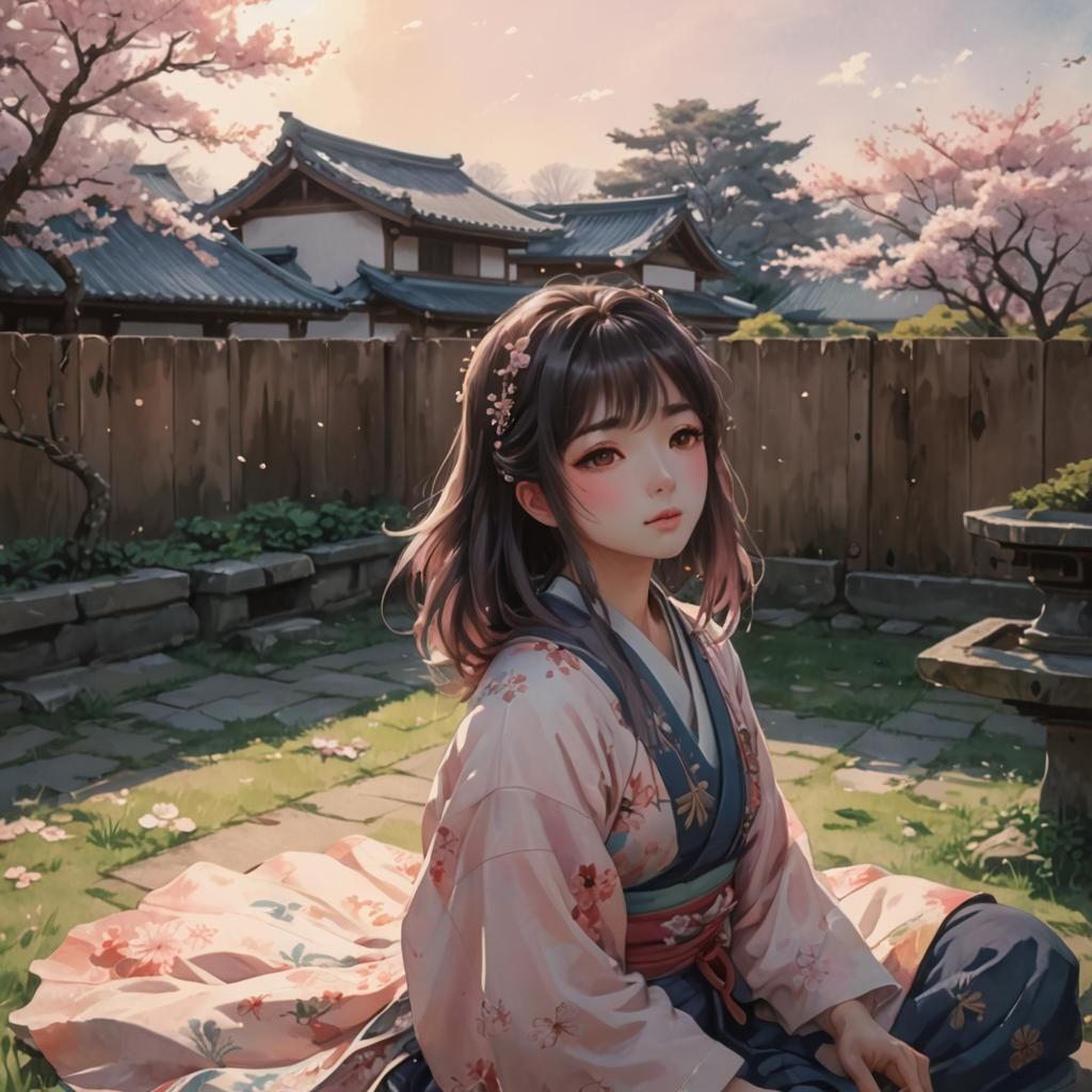 Anime Girl in Serene Garden, Watercolor Style