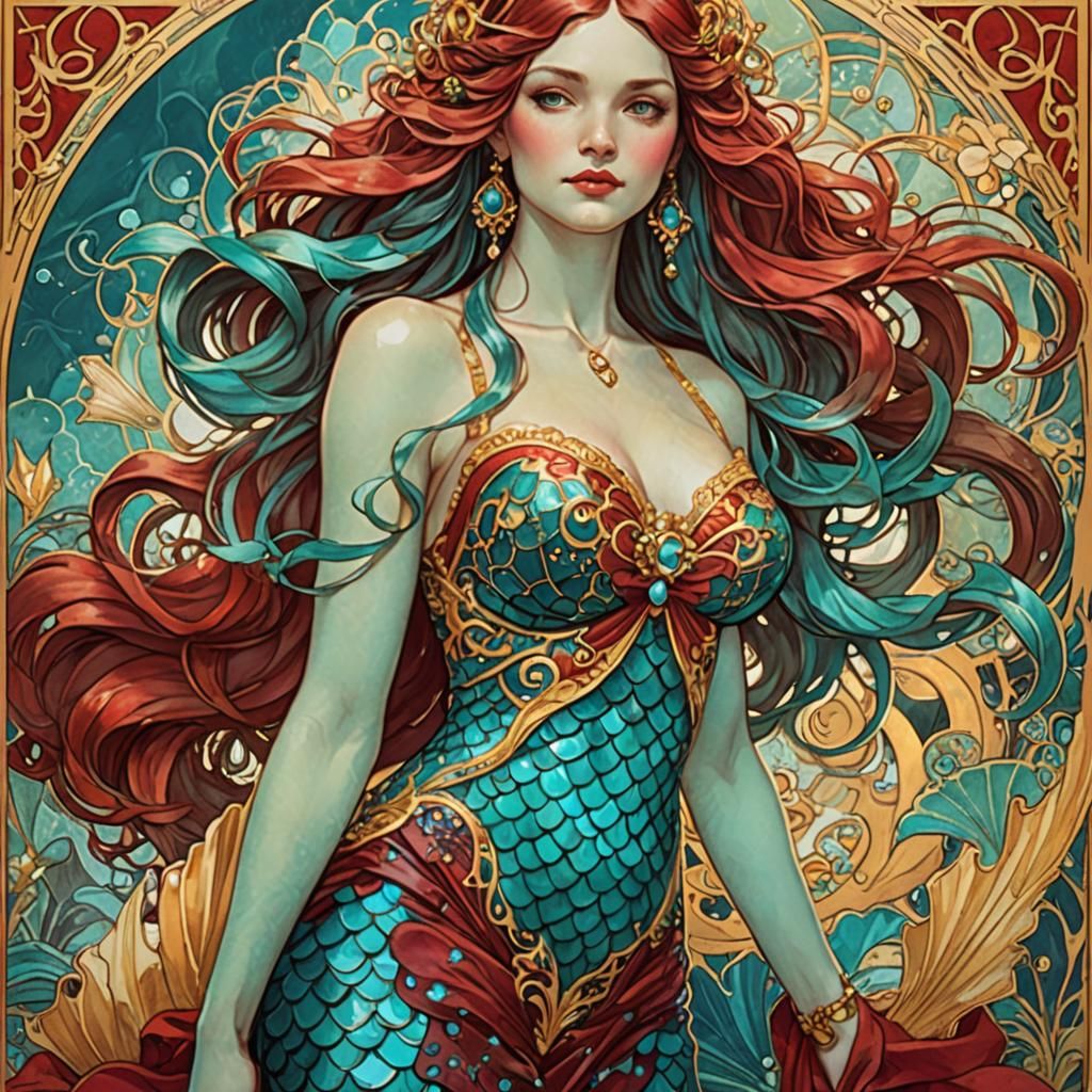 Dramatic Mermaid Portrait in Art Nouveau Style
