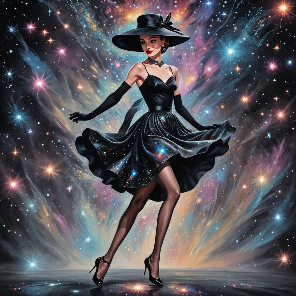 Woman in Little Black Dress: Astral Cosmic Illustration