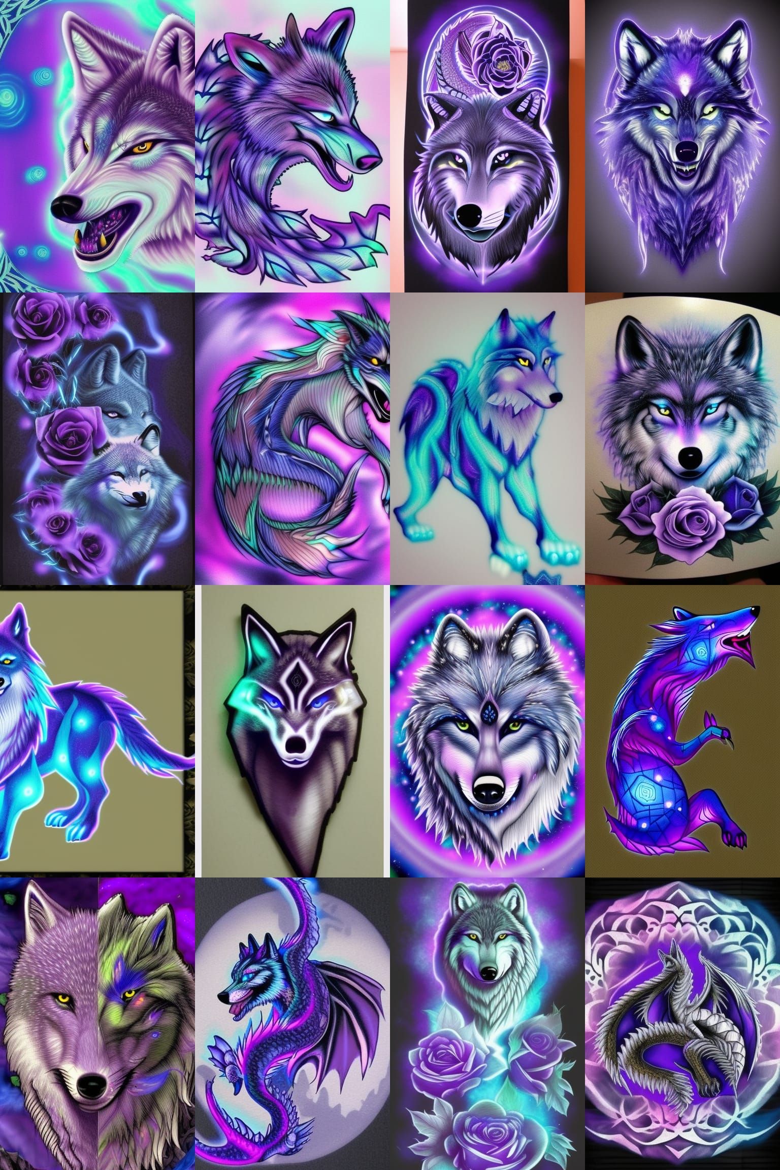 Glowing Hybrid Wolf Dragon with Roses