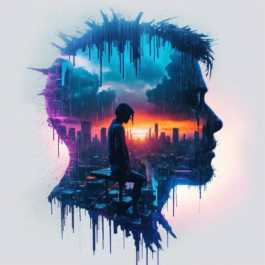 Cyberpunk Double Exposure: Silhouette in Crumbling Cityscape