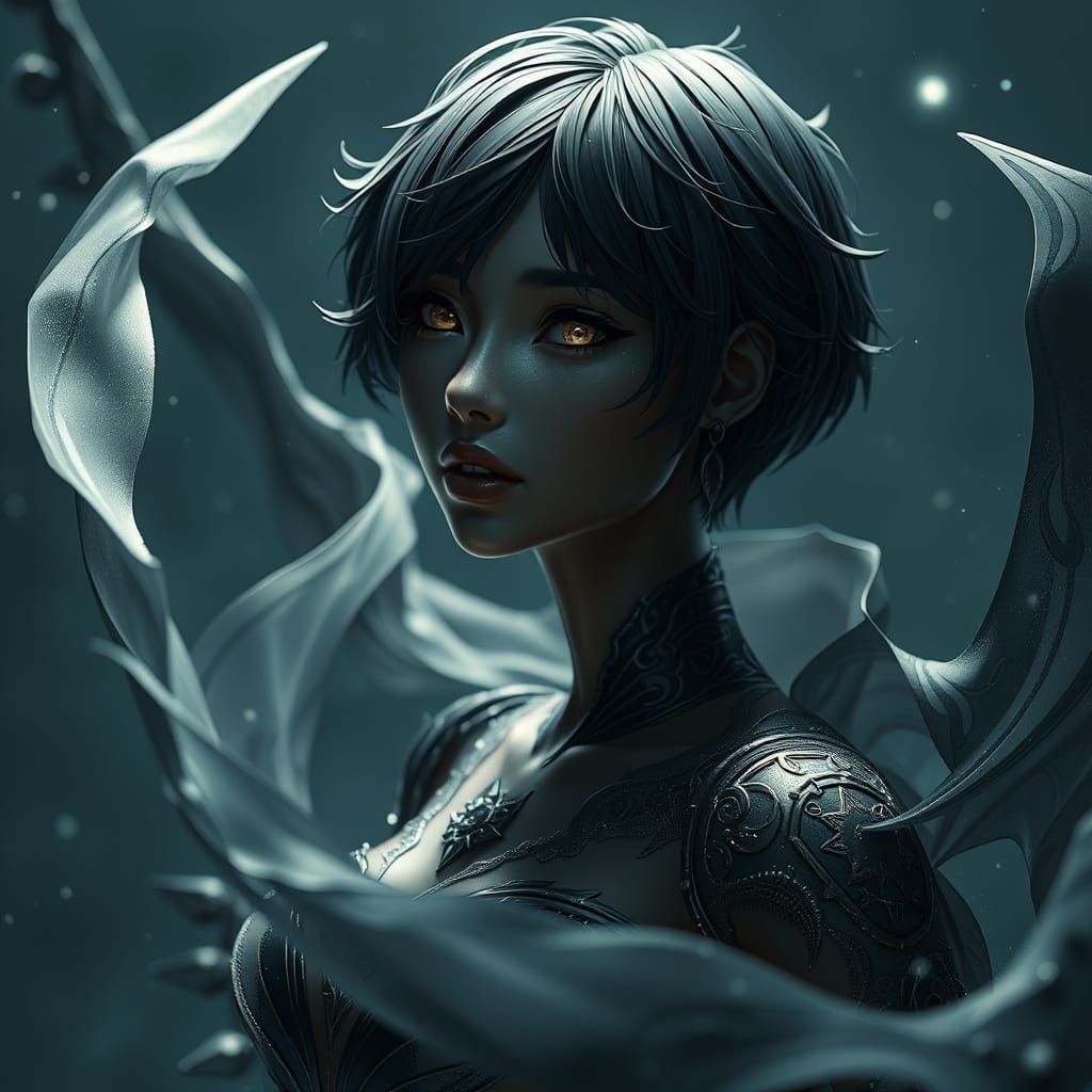 Majestic Goddess Radiates Power in Dark, Flowing Attire