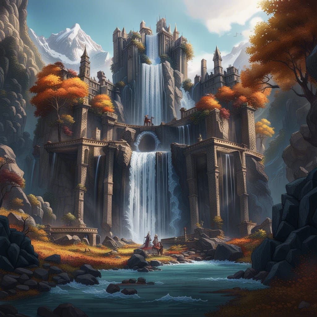 Fantastical Castle Ruins: Waterfall and Mountain Vista