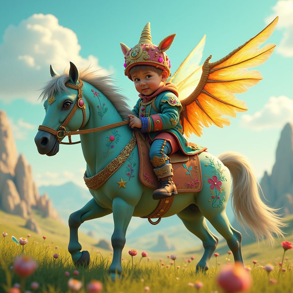 Vibrant Child Riding Majestic Fantasy Horse