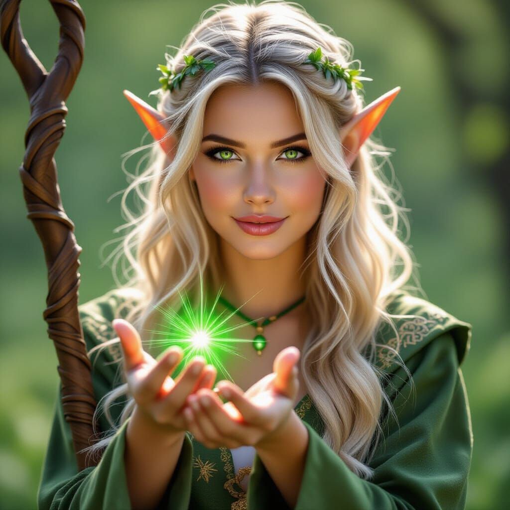 Beautiful Elf Lady With Green Magic and Staff