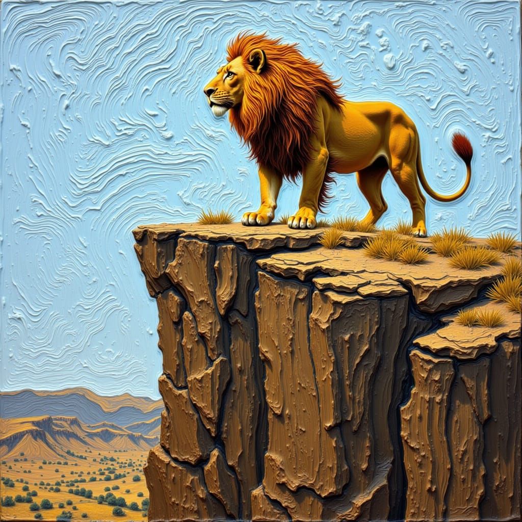 Proud Lion with Flowing Mane as Impasto Painting