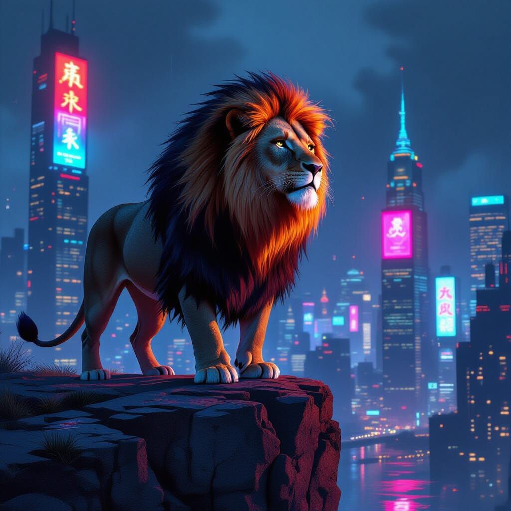 Cyberpunk Lion King Overlooking Neon City