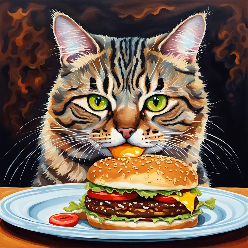 Cat Eating Burger in Fine Art Painting Style