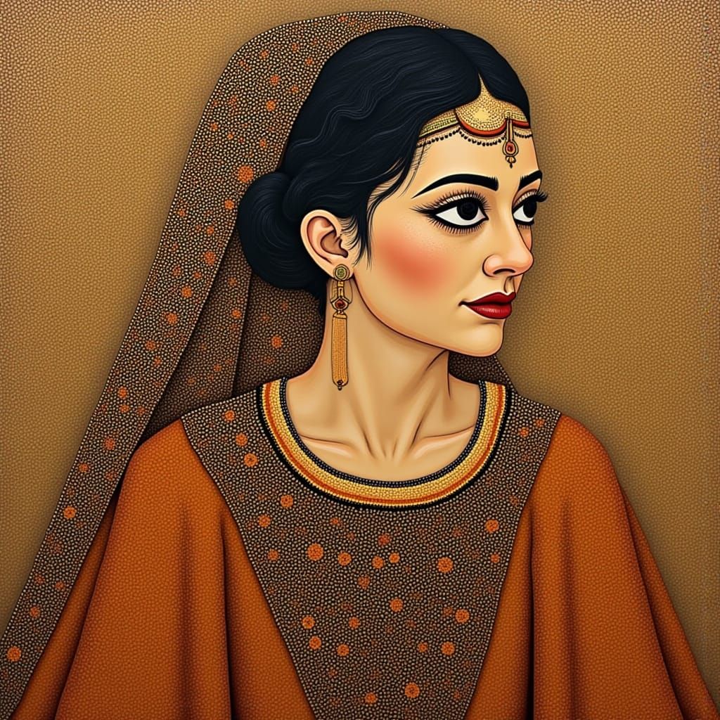 Detailed Portrait in Gustav Klimt Style with Textured Fabric