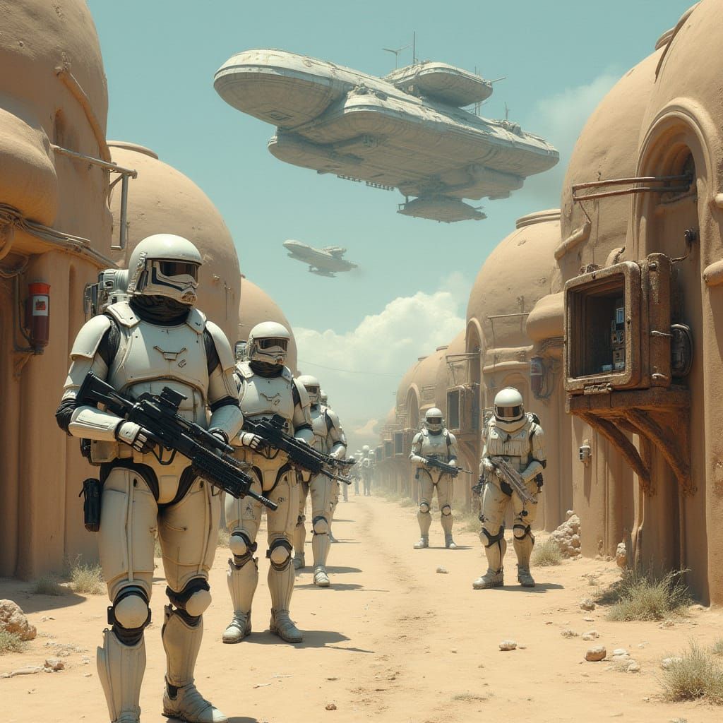 Cyberpunk Dystopia: Humans in Environmental Suits Stand Guar...