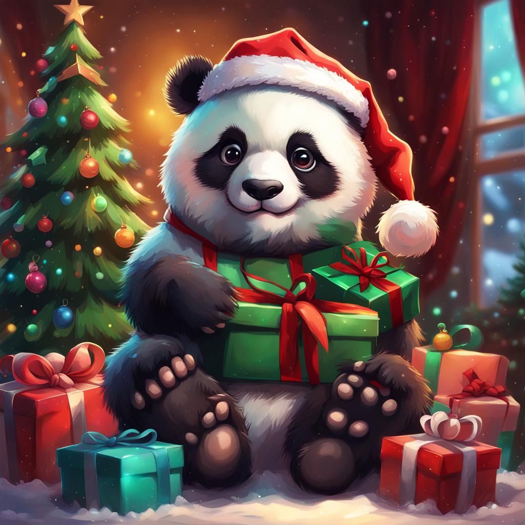 Festive Pandas Celebrate Christmas in Hyperrealistic Style
