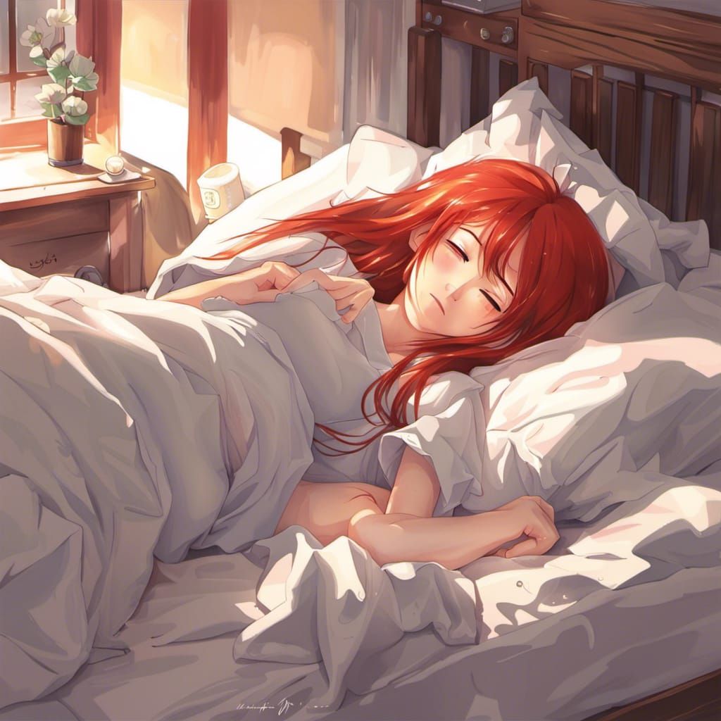 Red-Haired Girl Asleep in Anime Style