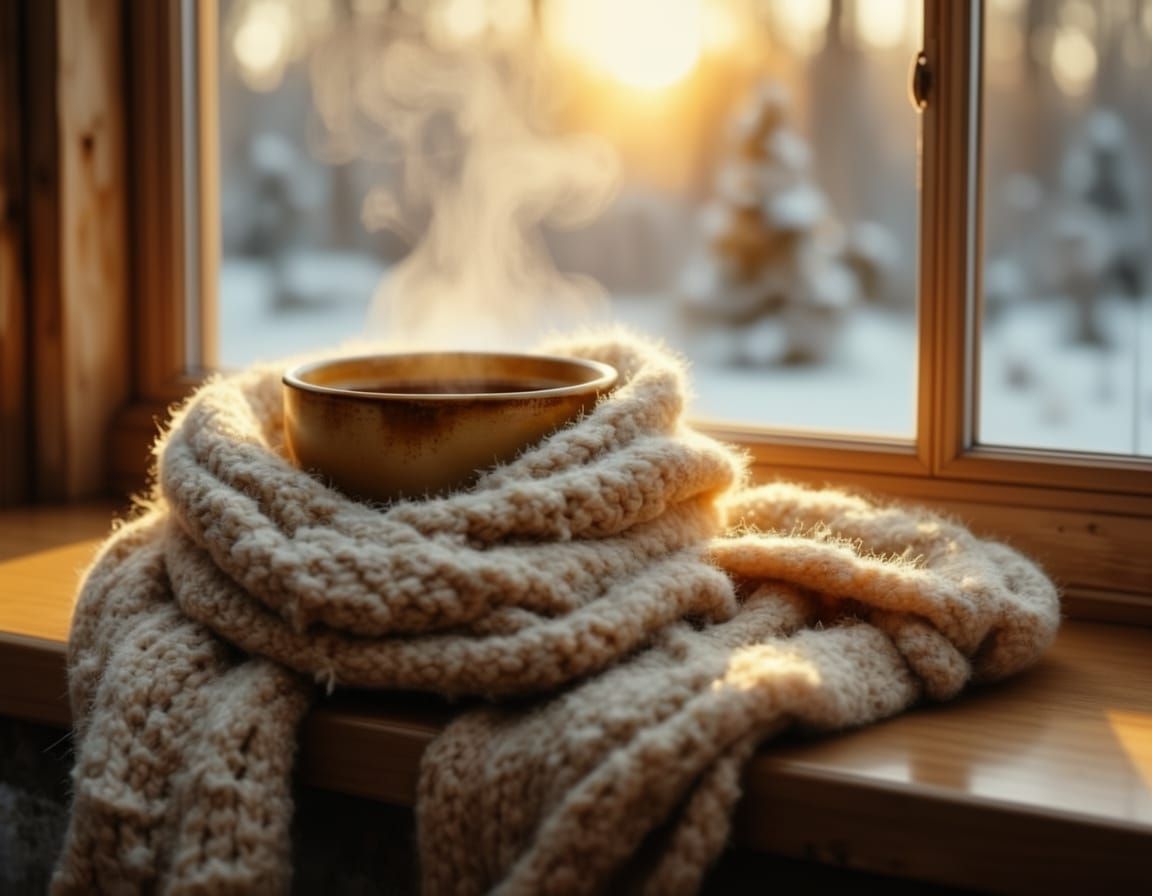 Cozy Coffee Scene on Winter Windowsill