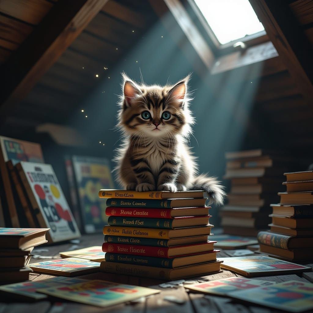 Kitten on Comic Books in Dusty Attic