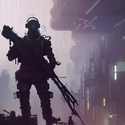 Cyberpunk Horizon: Futuristic Warrior in War Zone