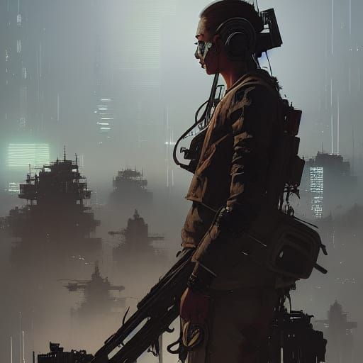 Cyberpunk War Zone with Japanese Ornamentation