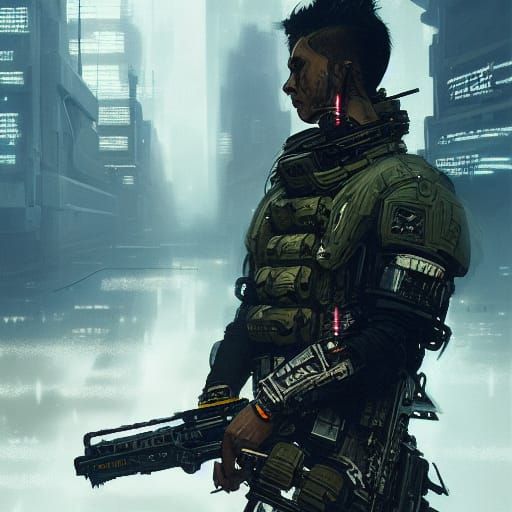 Cyberpunk Warrior in Futuristic Warzone