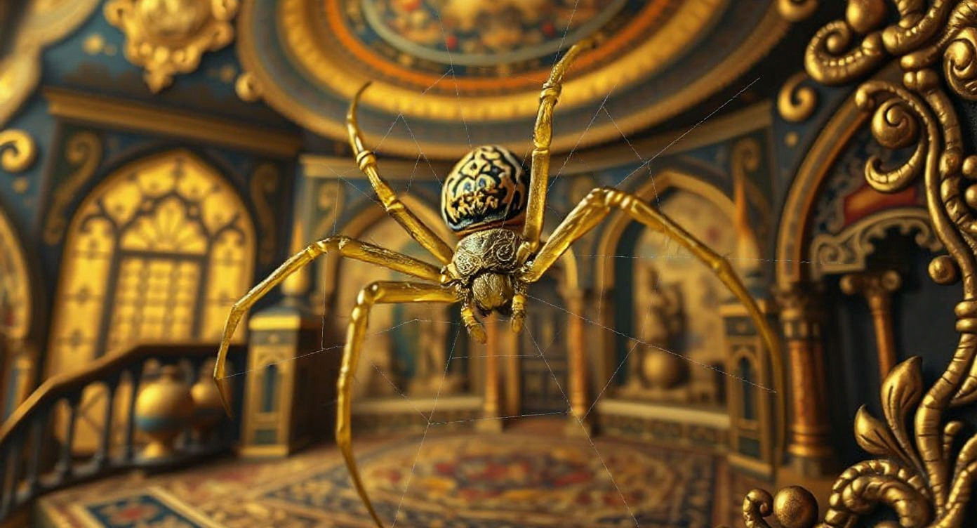 Golden Orb Spider Weaving Medieval Tapestry in Chiaroscuro S...